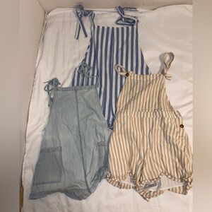 3 Size large overall rompers; Aerie, Hollister and Shein